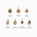 Seven gold pendants featuring an array of gemstones—red garnet, orange onyx, yellow citrine, green amethyst, blue Swiss topaz, indigo London topaz, and violet amethyst—arranged in two rows. Ideal for the Chakra Pendant set or to enhance your Awe Inspired Invisible Aura Charm Bracelet.