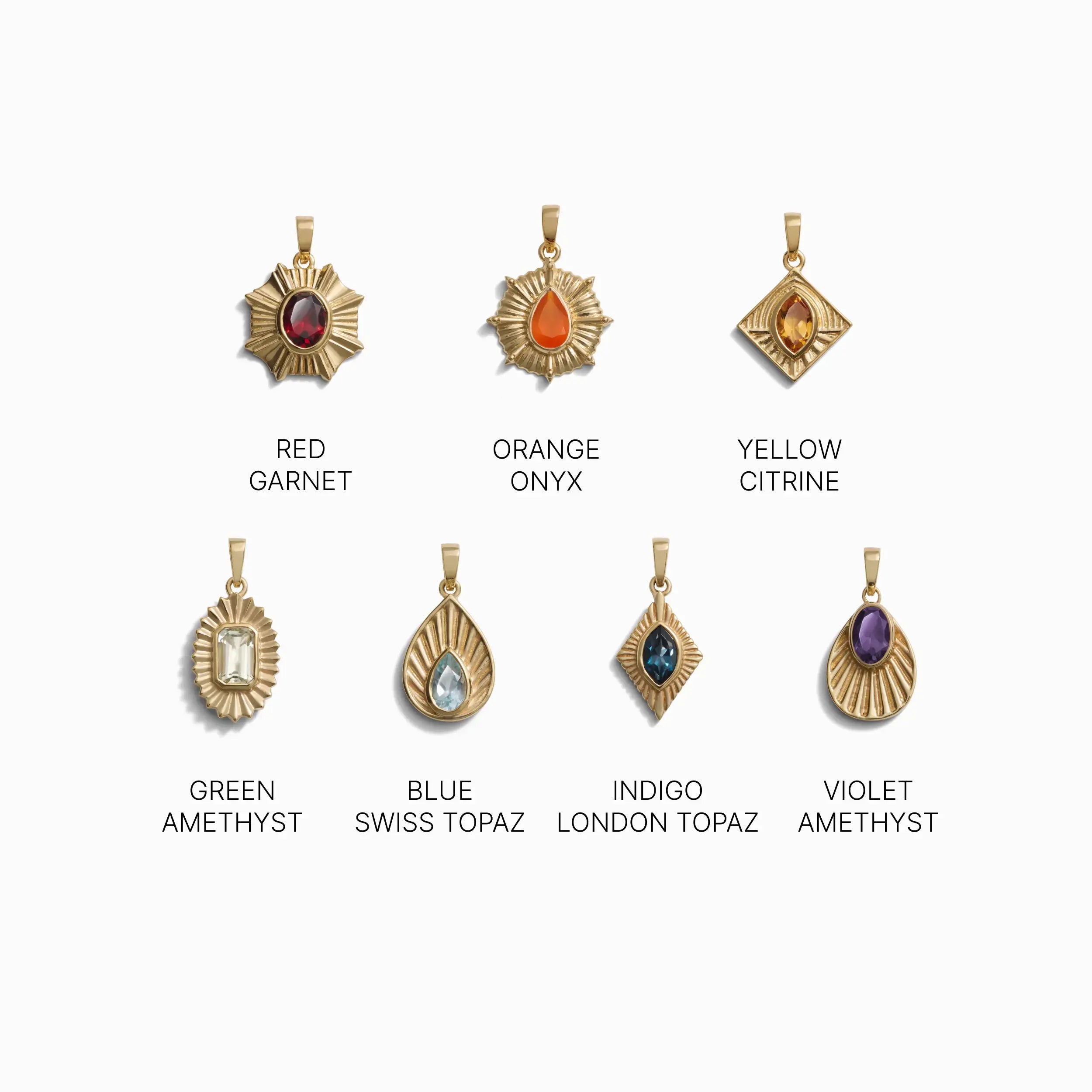 Seven gold pendants featuring an array of gemstones—red garnet, orange onyx, yellow citrine, green amethyst, blue Swiss topaz, indigo London topaz, and violet amethyst—arranged in two rows. Ideal for the Chakra Pendant set or to enhance your Awe Inspired Invisible Aura Charm Bracelet.