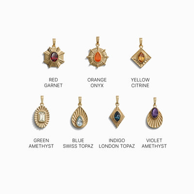 Seven gold pendants featuring an array of gemstones—red garnet, orange onyx, yellow citrine, green amethyst, blue Swiss topaz, indigo London topaz, and violet amethyst—arranged in two rows. Ideal for the Chakra Pendant set or to enhance your Awe Inspired Invisible Aura Charm Bracelet.