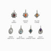 An image displaying eight unique gemstone pendants, each labeled: Red Garnet, Orange Onyx, Yellow Citrine, Green Amethyst, Blue Swiss Topaz, Indigo London Topaz, and Violet Amethyst. These Chakra Pendants are the perfect addition to your Invisible Aura Charm Bracelet by Awe Inspired or to complement your Watchful Moon Eye accessory.