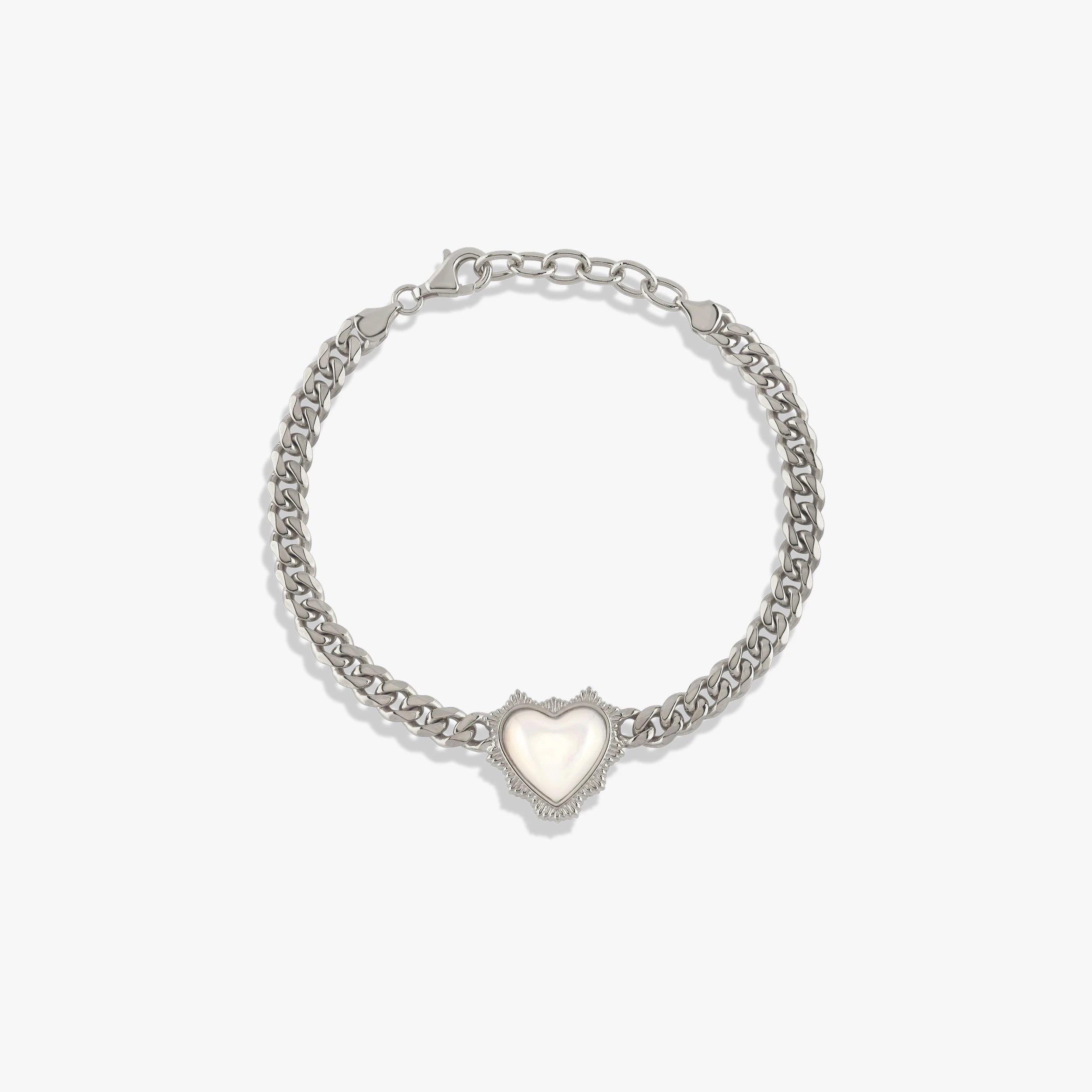 Awe Inspired Bracelets Sterling Silver Mother of Pearl Heart Cuban Bracelet
