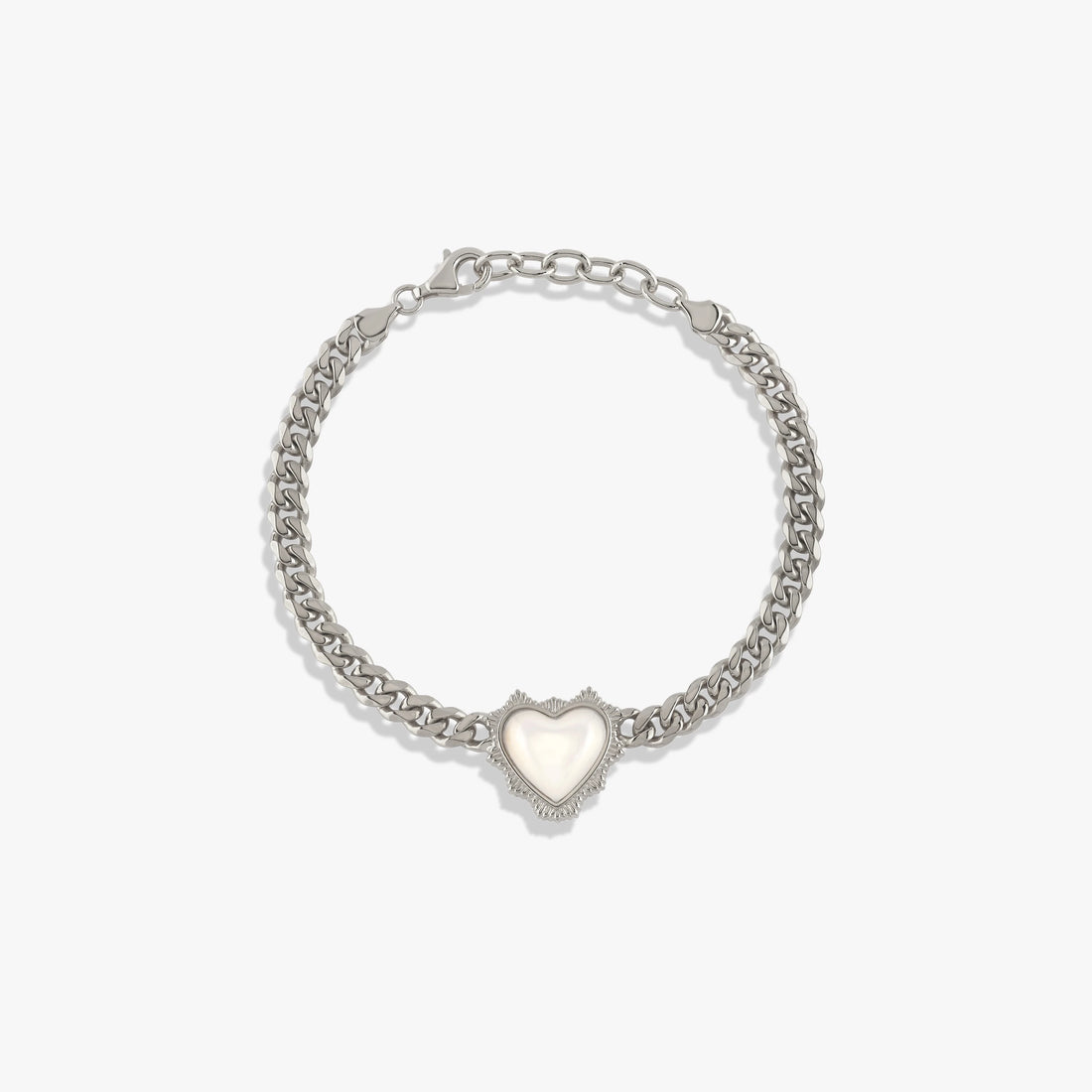 Awe Inspired Bracelets Sterling Silver Mother of Pearl Heart Cuban Bracelet