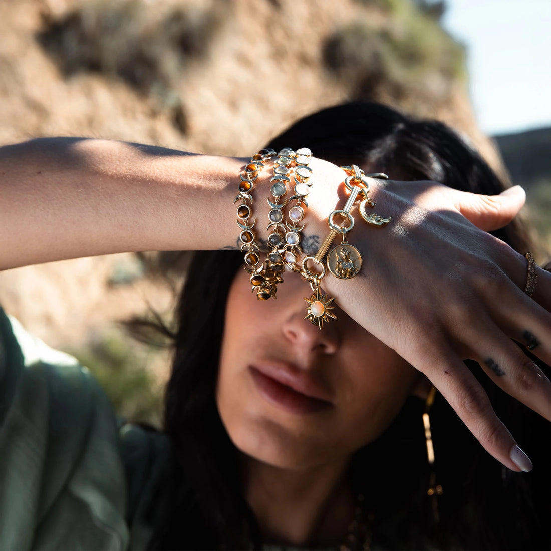 Awe Inspired Bracelets Tiger's Eye Triple Moon Tennis Bracelet