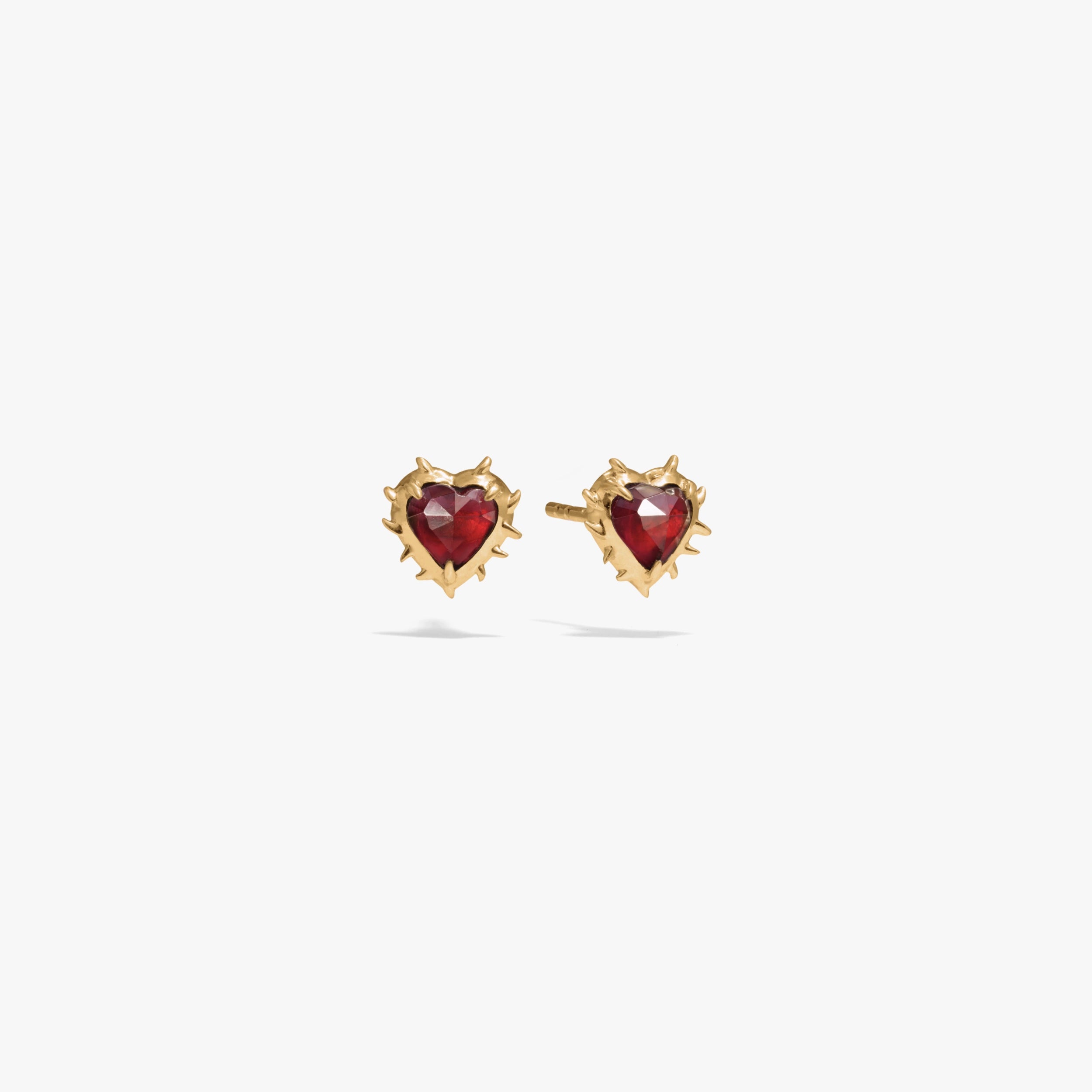 Awe Inspired Earrings 14K Gold Vermeil / Red Garnet / Pair Heart of Thorns Stud
