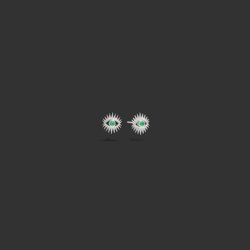 Awe Inspired Earrings 14k White Gold / Emerald / Pair Diamond Evil Eye Studs