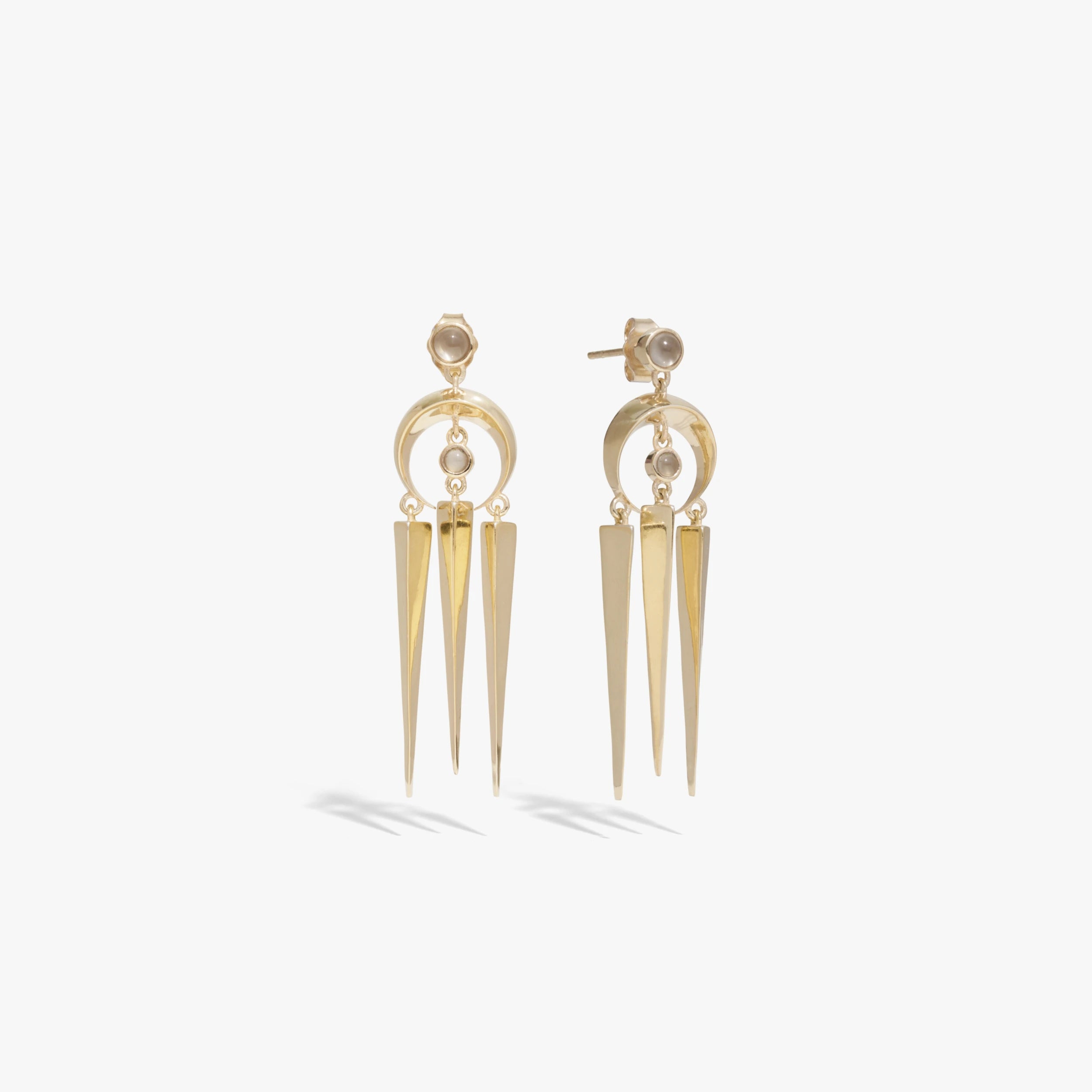 Awe Inspired Earrings 14K Yellow Gold Vermeil Crescent Spike Grey Moonstone Earrings