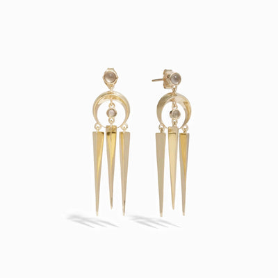 Awe Inspired Earrings 14K Yellow Gold Vermeil Crescent Spike Grey Moonstone Earrings