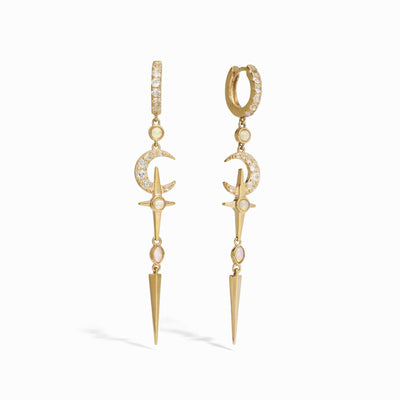 Awe Inspired Earrings 14K Yellow Gold Vermeil / Ethiopian Opal/White Topaz Opal Crescent Cross Drop Earring