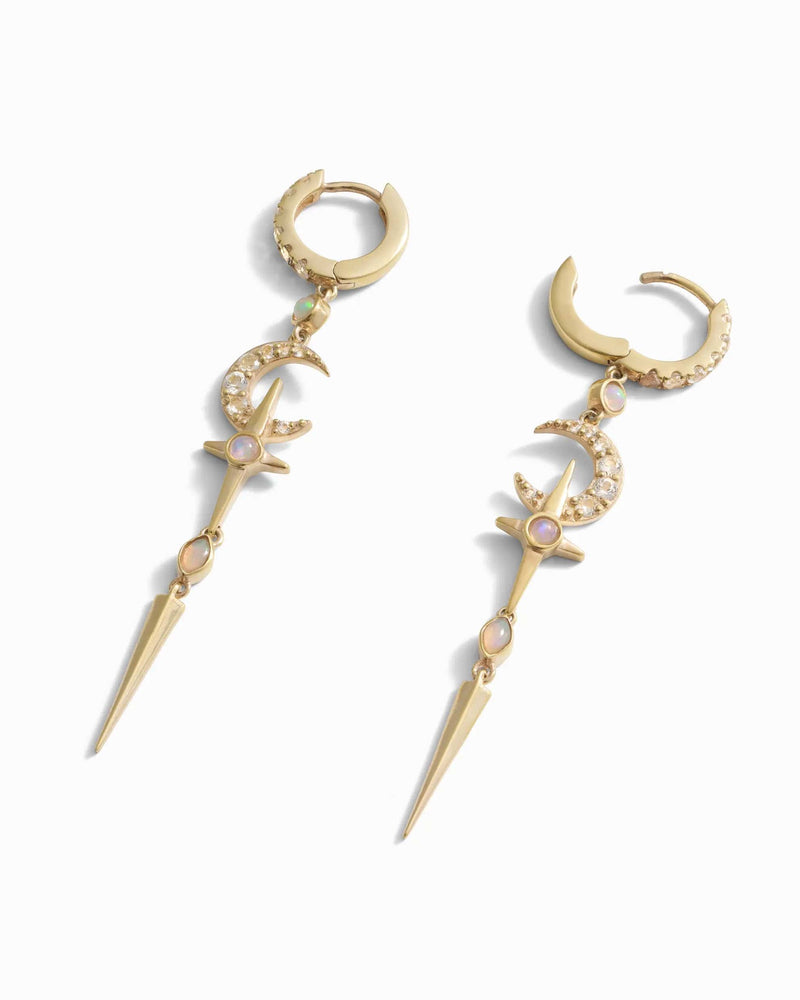 Awe Inspired Earrings 14K Yellow Gold Vermeil / Ethiopian Opal/White Topaz Opal Crescent Cross Drop Earring