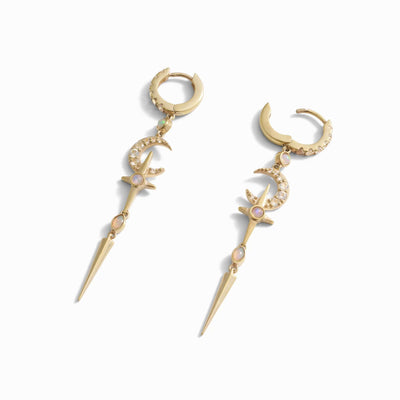 Awe Inspired Earrings 14K Yellow Gold Vermeil / Ethiopian Opal/White Topaz Opal Crescent Cross Drop Earring