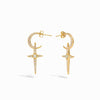 Awe Inspired Earrings 14K Yellow Gold Vermeil / Ethiopian Opal/White Topaz Opal Crescent Cross Hoops