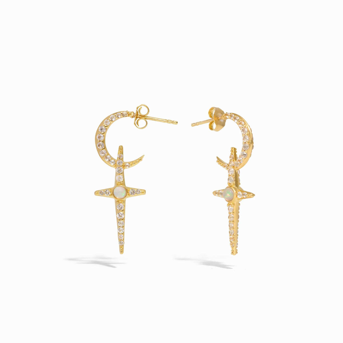 Awe Inspired Earrings 14K Yellow Gold Vermeil / Ethiopian Opal/White Topaz Opal Crescent Cross Hoops