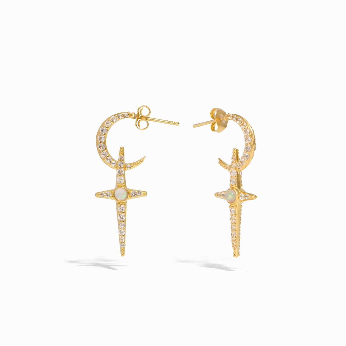 Awe Inspired Earrings 14K Yellow Gold Vermeil / Ethiopian Opal/White Topaz Opal Crescent Cross Hoops