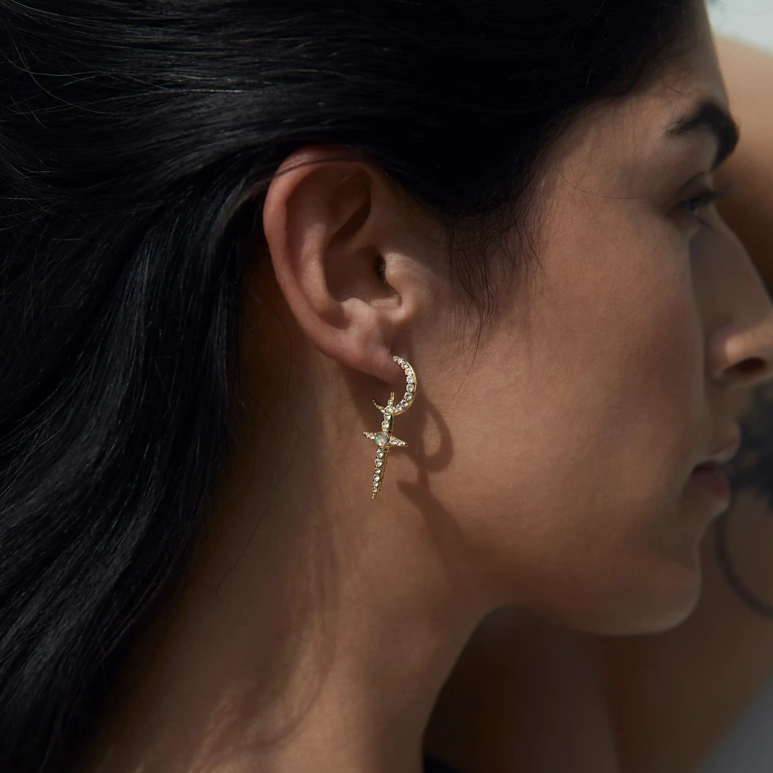 Awe Inspired Earrings 14K Yellow Gold Vermeil / Ethiopian Opal/White Topaz Opal Crescent Cross Hoops