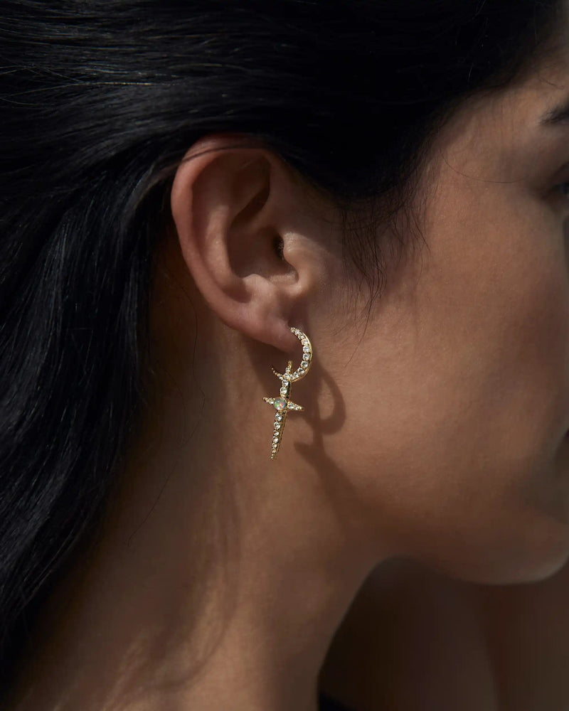 Awe Inspired Earrings 14K Yellow Gold Vermeil / Ethiopian Opal/White Topaz Opal Crescent Cross Hoops