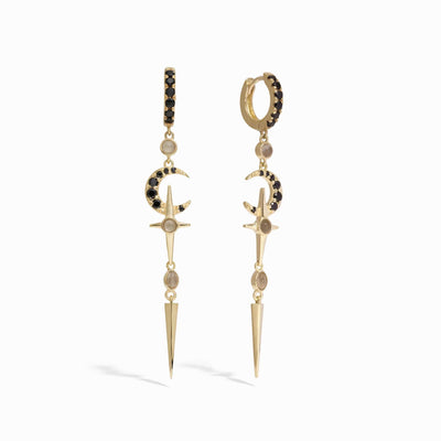 Awe Inspired Earrings 14K Yellow Gold Vermeil / Grey Moonstone/Black Spinel Grey Moonstone Crescent Cross Drop Earring