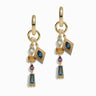 Presenting the Natural Aura Charm Earrings by Awe Inspired: Gold hoop earrings adorned with multiple dangling charms showcasing an array of geometric shapes and vibrant gemstones in hues of blue, purple, and amber. These exquisite pieces embody the Earth Goddess Talisman with their intricate designs and captivating colors.