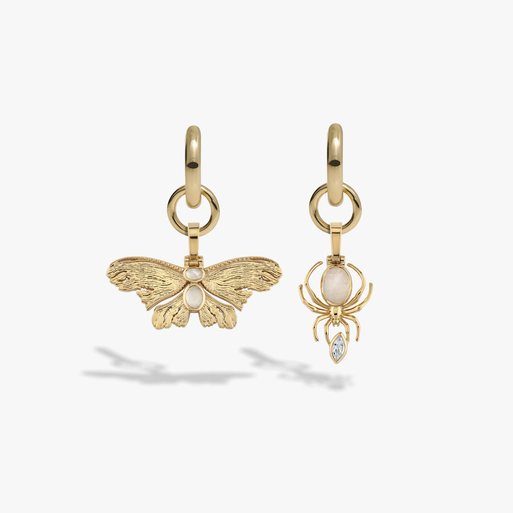 Awe Inspired Earrings 14K Yellow Gold Vermeil Moonstone Insects Charm Earrings