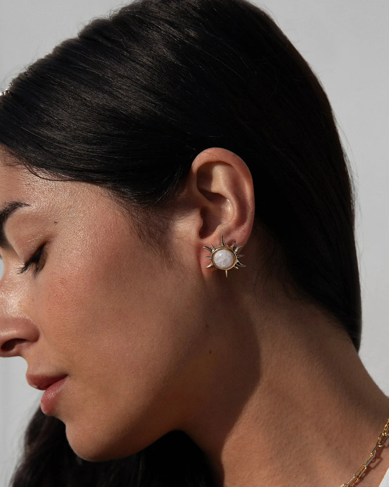 Awe Inspired Earrings 14K Yellow Gold Vermeil Moonstone Triple Moon Studs