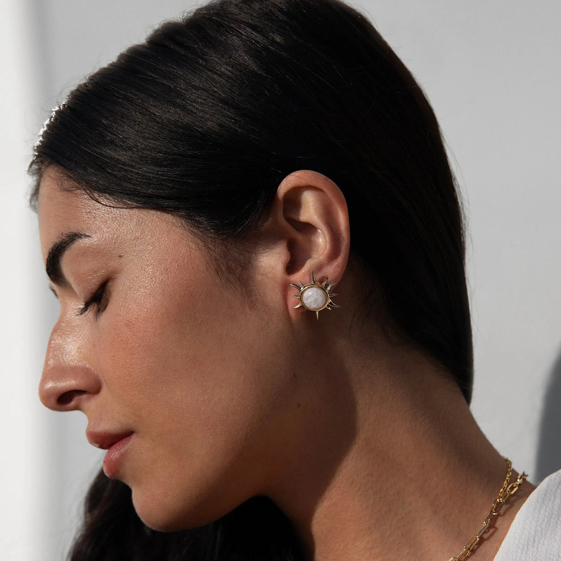 Awe Inspired Earrings 14K Yellow Gold Vermeil Moonstone Triple Moon Studs