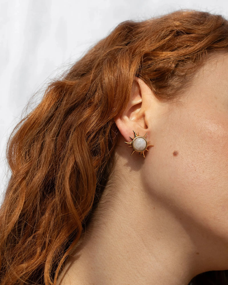 Awe Inspired Earrings 14K Yellow Gold Vermeil Moonstone Triple Moon Studs