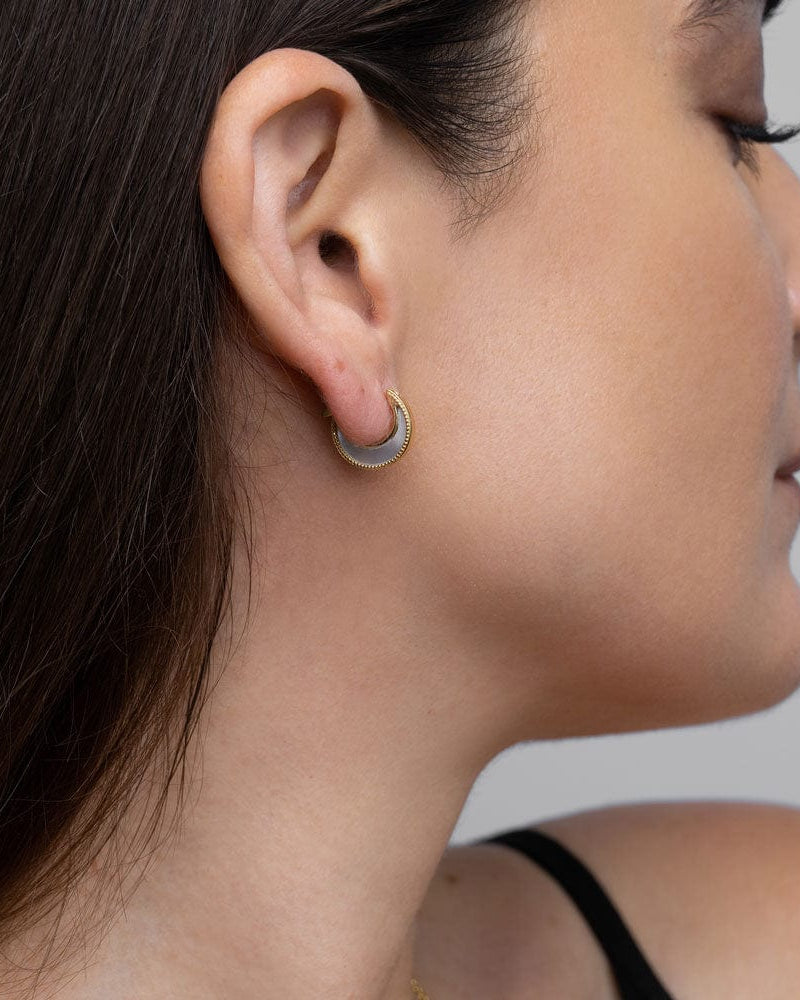 Awe Inspired Earrings 14K Yellow Gold Vermeil Mother of Pearl Inlay Huggie Earrings