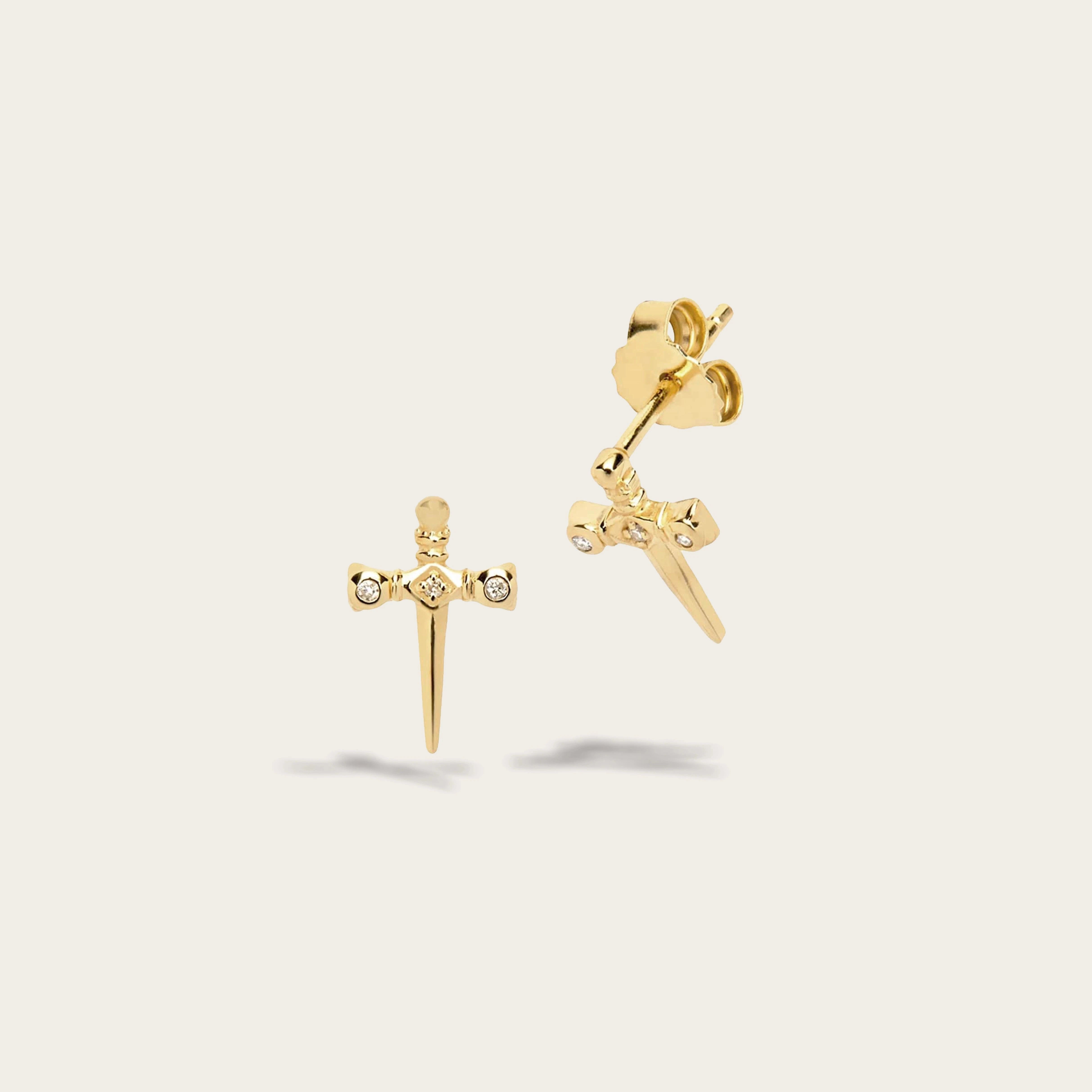 Awe Inspired Earrings 14K Yellow Gold Vermeil / Pair Diamond Sword Stud Earring