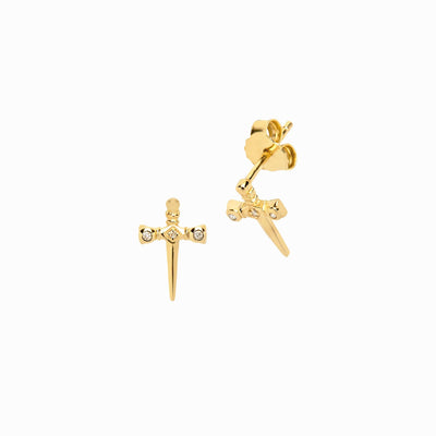 Awe Inspired Earrings 14K Yellow Gold Vermeil / Pair Diamond Sword Stud Earring