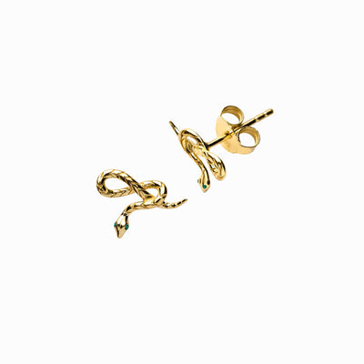 Awe Inspired Earrings 14K Yellow Gold Vermeil / Pair Emerald Eye Snake Studs