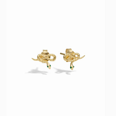 Awe Inspired Earrings 14K Yellow Gold Vermeil / Pair Emerald Eye Snake Studs