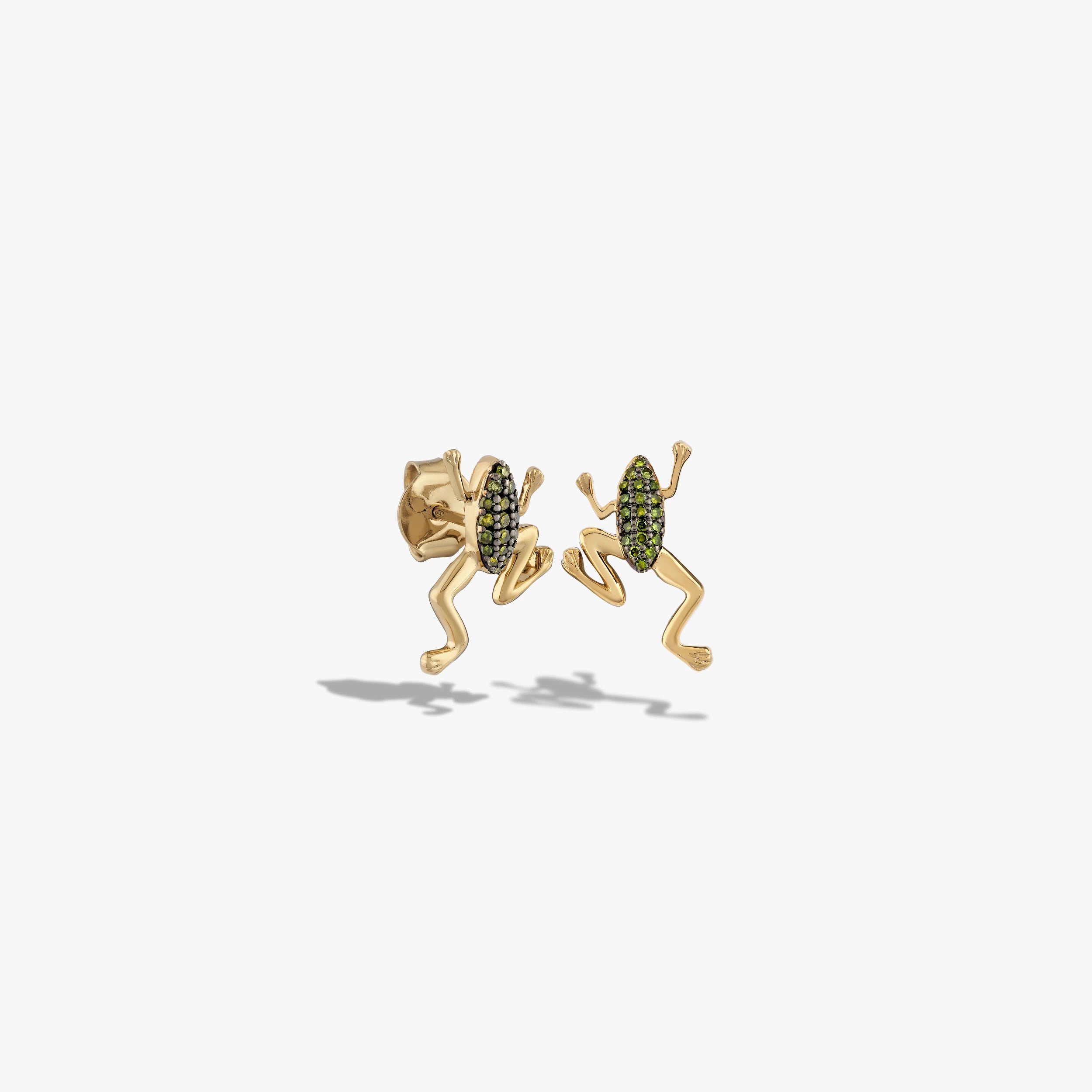 Awe Inspired Earrings 14K Yellow Gold Vermeil / Pair Green Diamond Baby Frog Studs