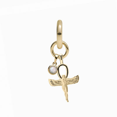 Ankh of Isis Single Charm Earring by Awe Inspired, featuring a gold charm with a small round rainbow moonstone and a winged figure pendant.