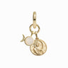 Presenting the Moonchild Charm Earring by Awe Inspired: a stunning gold charm bracelet pendant that features a moon, a circular disc adorned with a figure reminiscent of a Greek Goddess, and a round pearl-like stone.