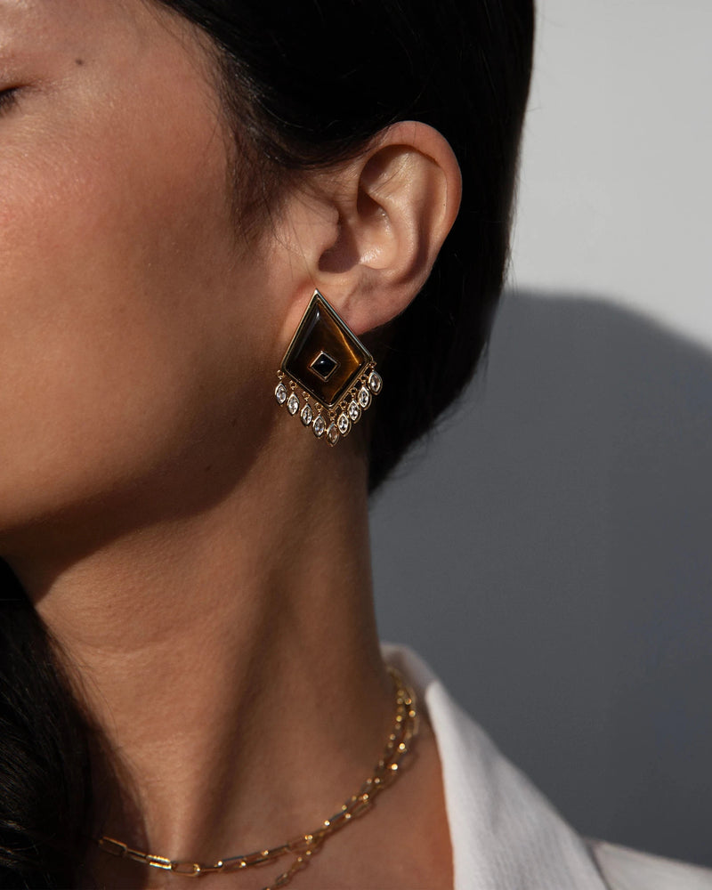 Awe Inspired Earrings 14K Yellow Gold Vermeil Tiger's Eye Boho Kite Earrings