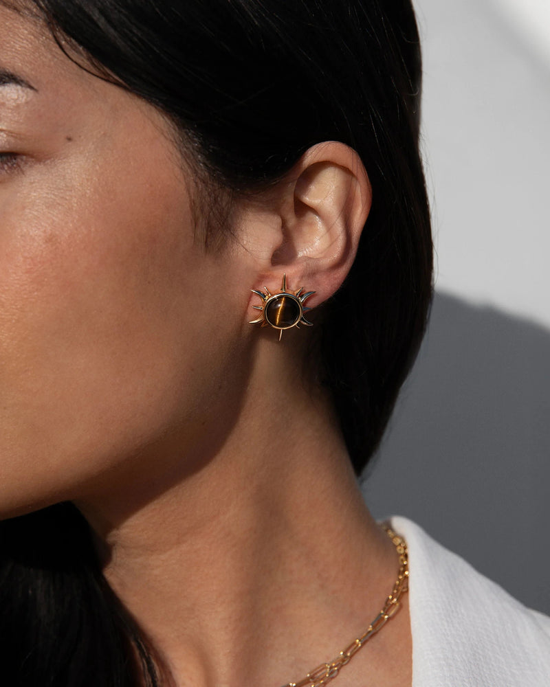 Awe Inspired Earrings 14k Yellow Gold Vermeil Triple Moon Statement Studs Tiger's Eye