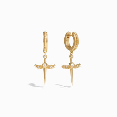 Awe Inspired Earrings 14K Yellow Gold Vermeil Winged Sword Drop Huggies