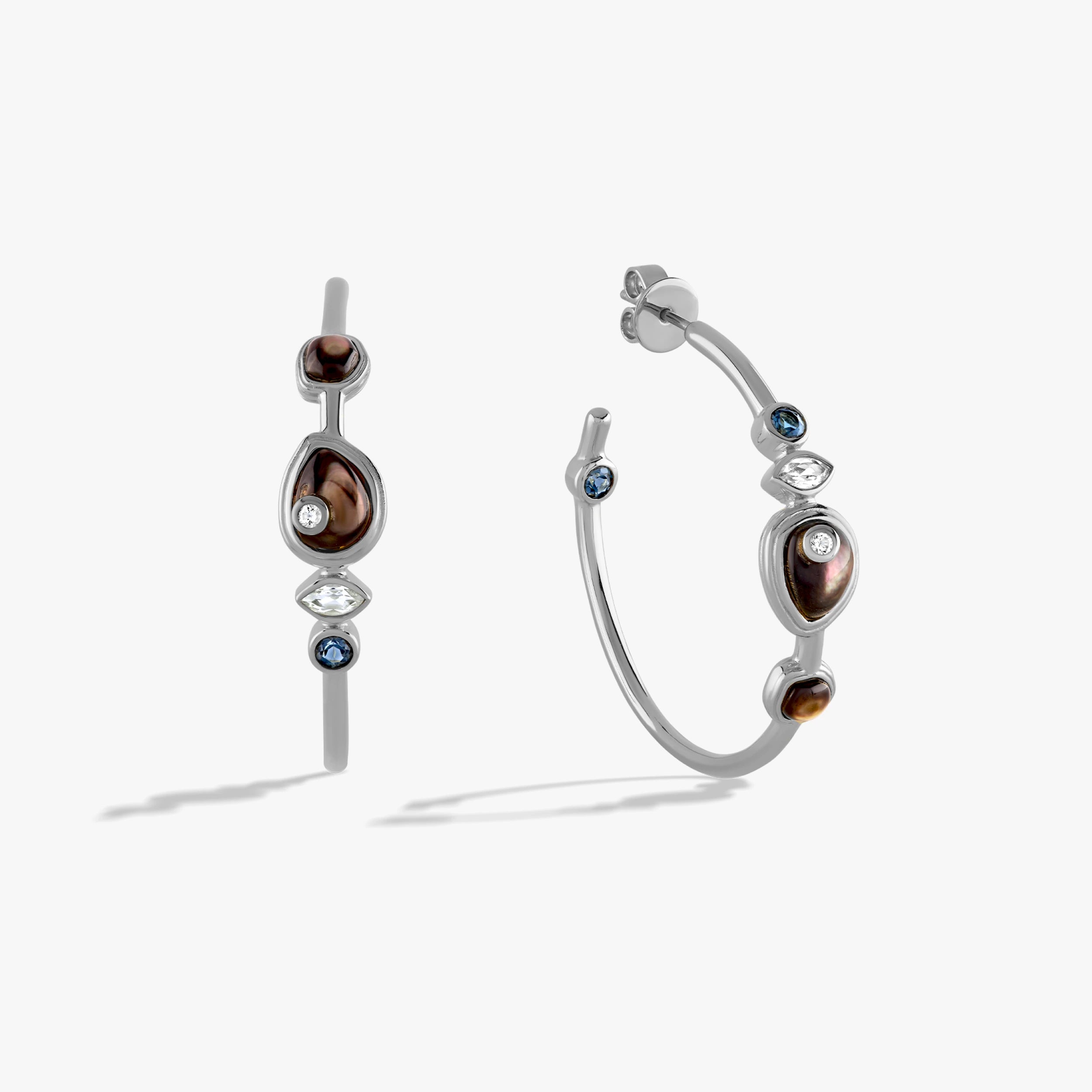 Awe Inspired Earrings 925 Sterling Silver / Black Mother of Pearl Organic Pearl Gemstone Hoops