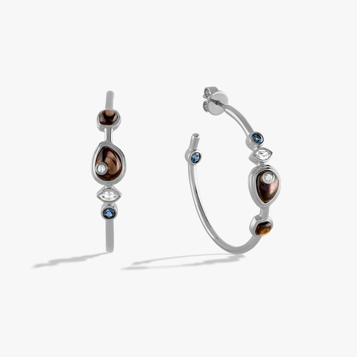 Awe Inspired Earrings 925 Sterling Silver / Black Mother of Pearl Organic Pearl Gemstone Hoops