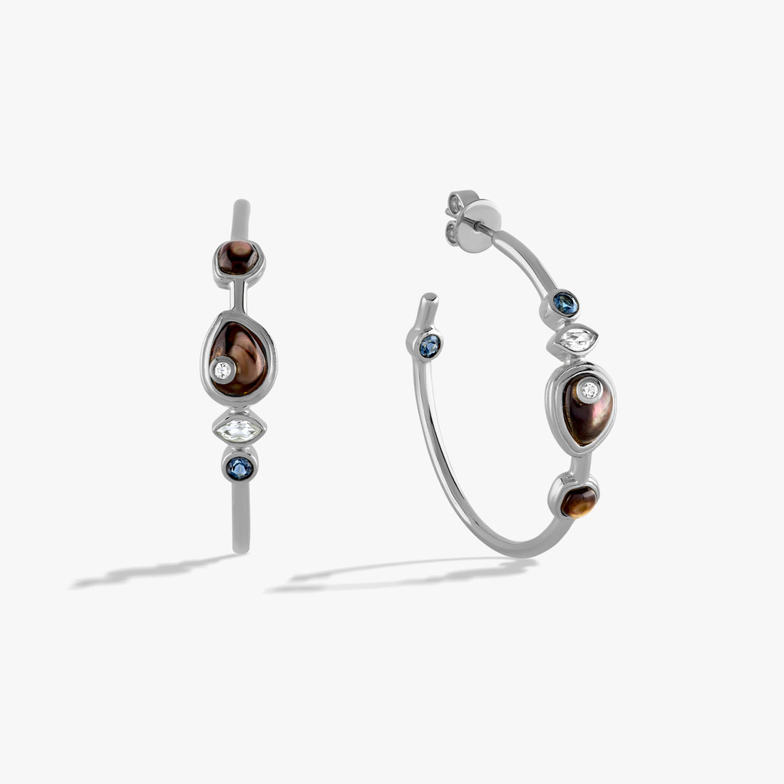 Awe Inspired Earrings 925 Sterling Silver / Black Mother of Pearl Organic Pearl Gemstone Hoops