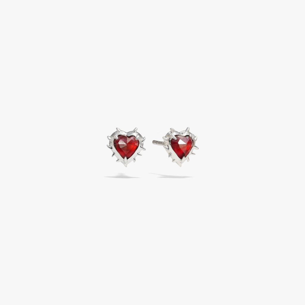 Awe Inspired Earrings 925 Sterling Silver / Red Garnet / Pair Heart of Thorns Stud