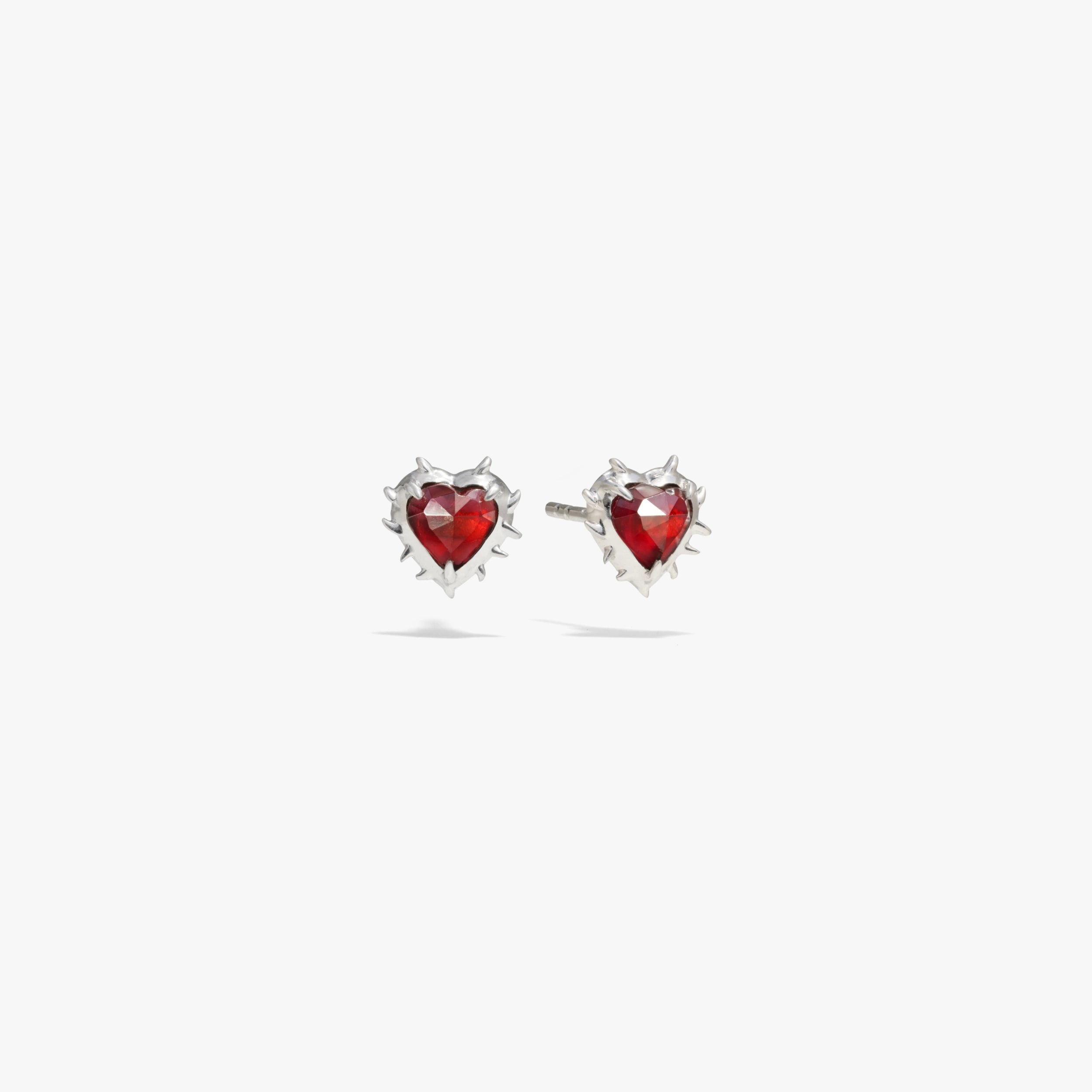 Awe Inspired Earrings 925 Sterling Silver / Red Garnet / Pair Heart of Thorns Stud