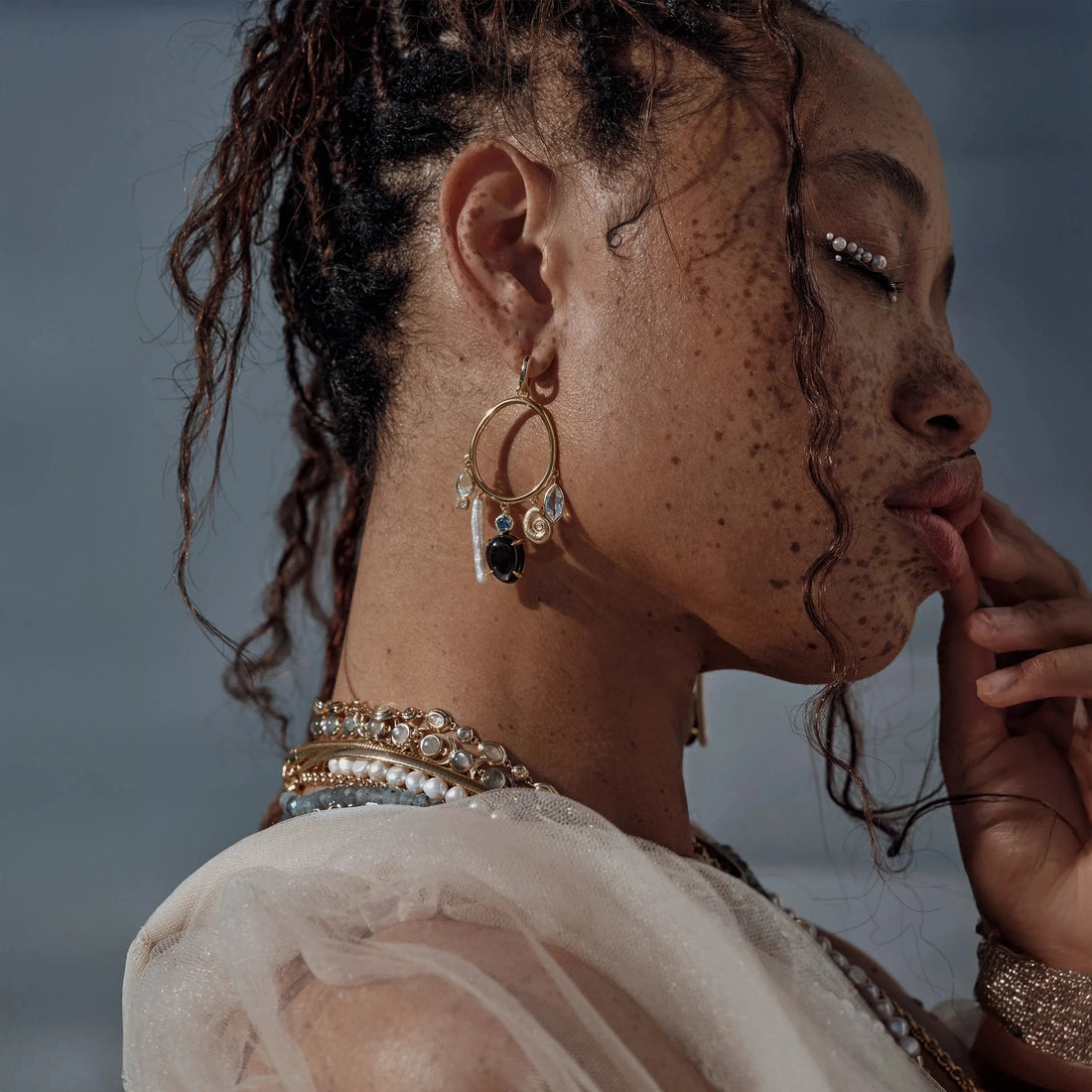 Awe Inspired Earrings Deep Sea Gemstone Charm Hoops