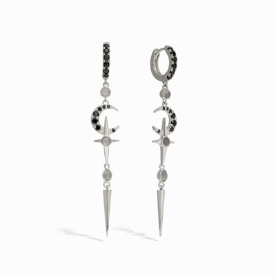 Awe Inspired Earrings Sterling Silver / Grey Moonstone/Black Spinel Grey Moonstone Crescent Cross Drop Earring