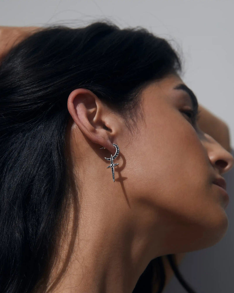 Awe Inspired Earrings Sterling Silver / Grey Moonstone/Black Spinel Grey Moonstone Crescent Cross Hoops