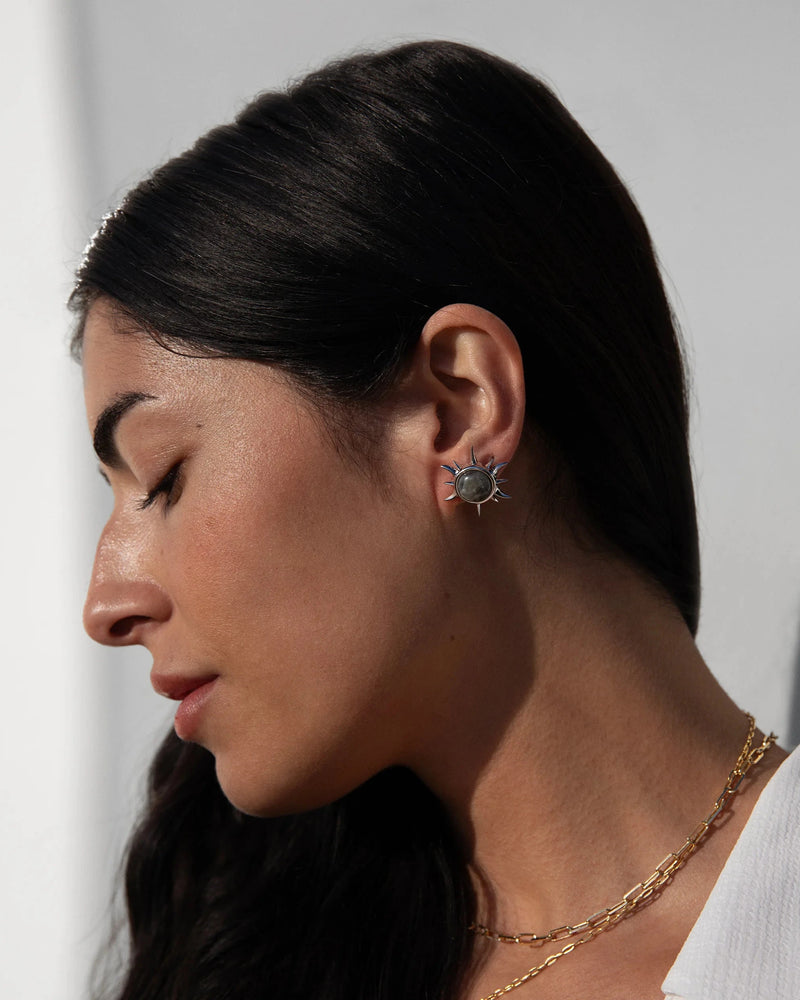 Awe Inspired Earrings Sterling Silver Labradorite Triple Moon Studs