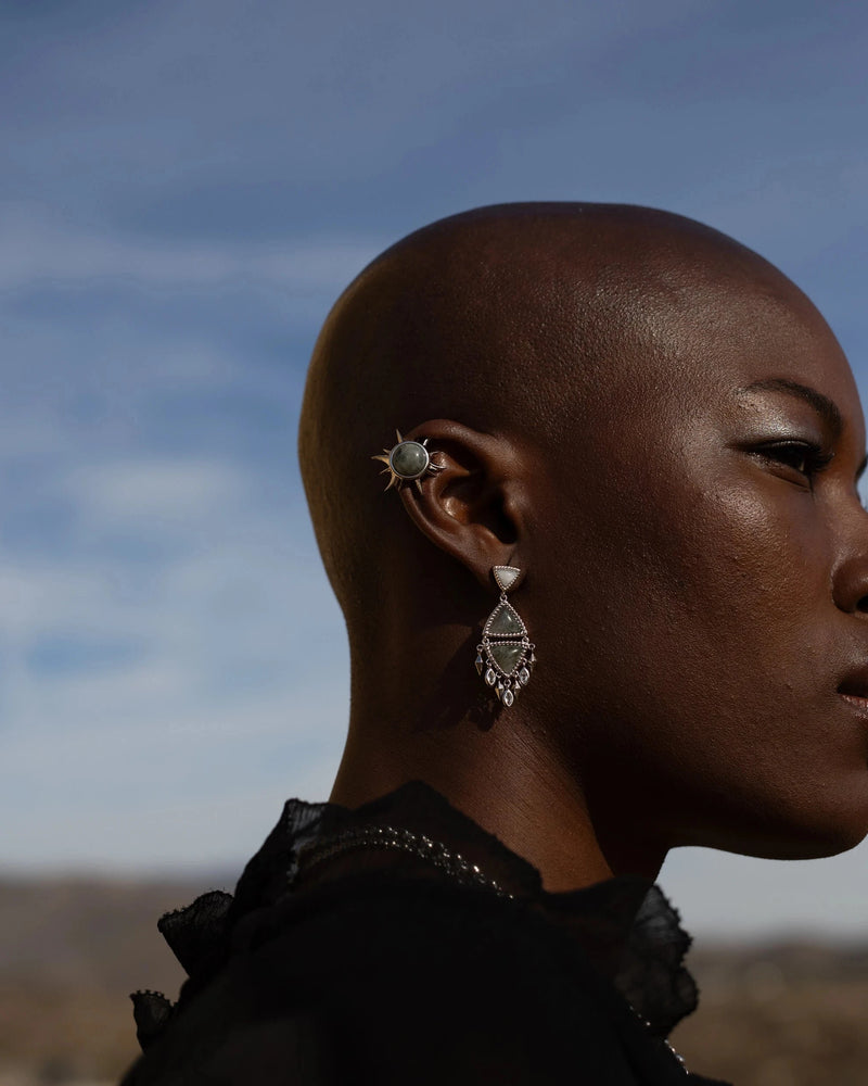 Awe Inspired Earrings Sterling Silver Labradorite Triple Moon Studs