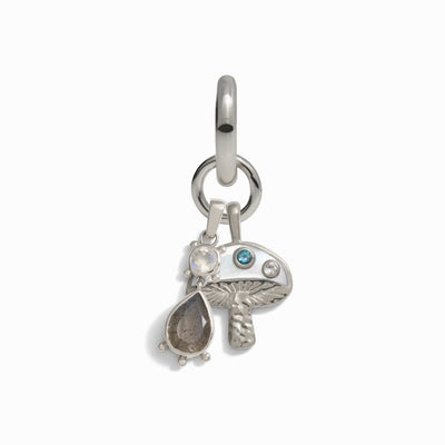 Awe Inspired's Magic Mushroom Single Charm Earring, available in a silver finish, features a pendant with three embedded gemstones and a hanging teardrop-shaped gem.