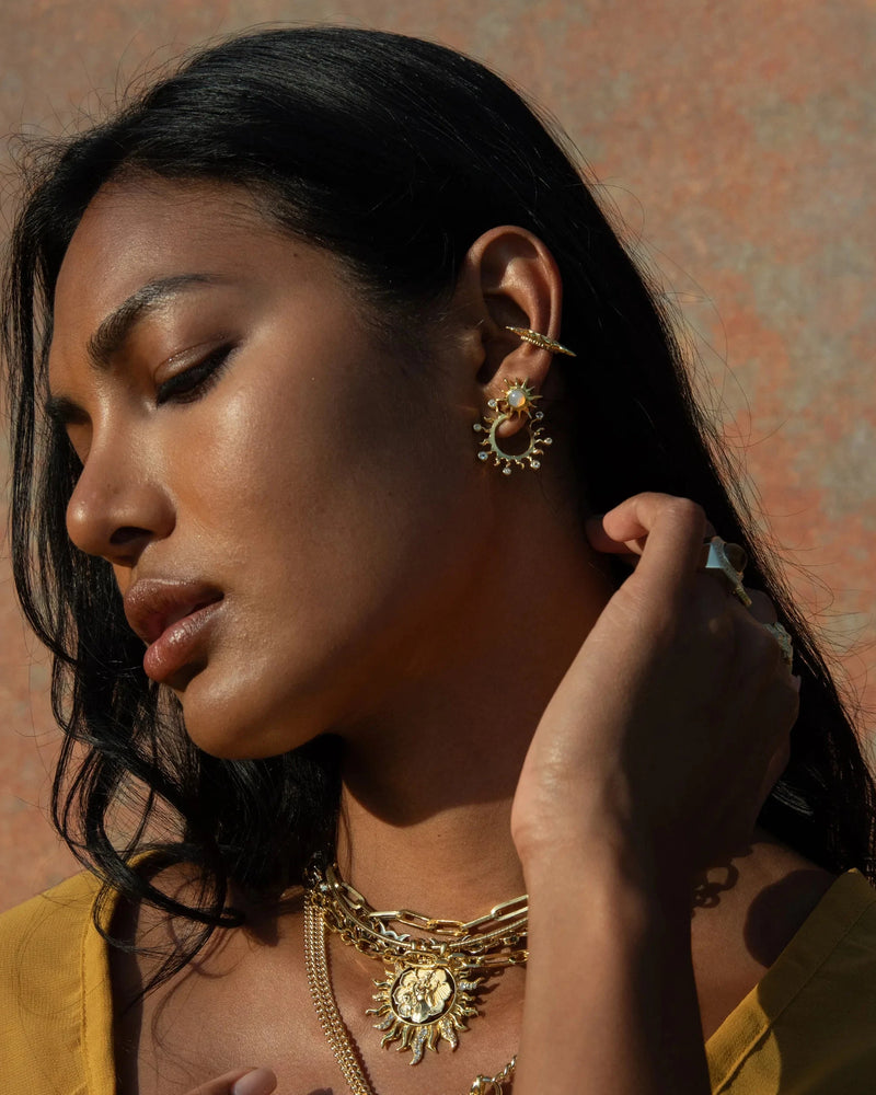 Awe Inspired Earrings White Topaz Sun Huggies