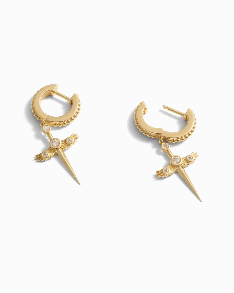Awe Inspired Earrings Winged Sword Drop Huggies
