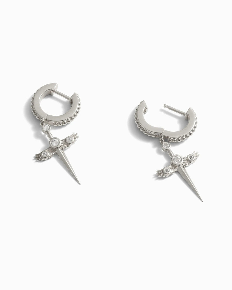Awe Inspired Earrings Winged Sword Drop Huggies